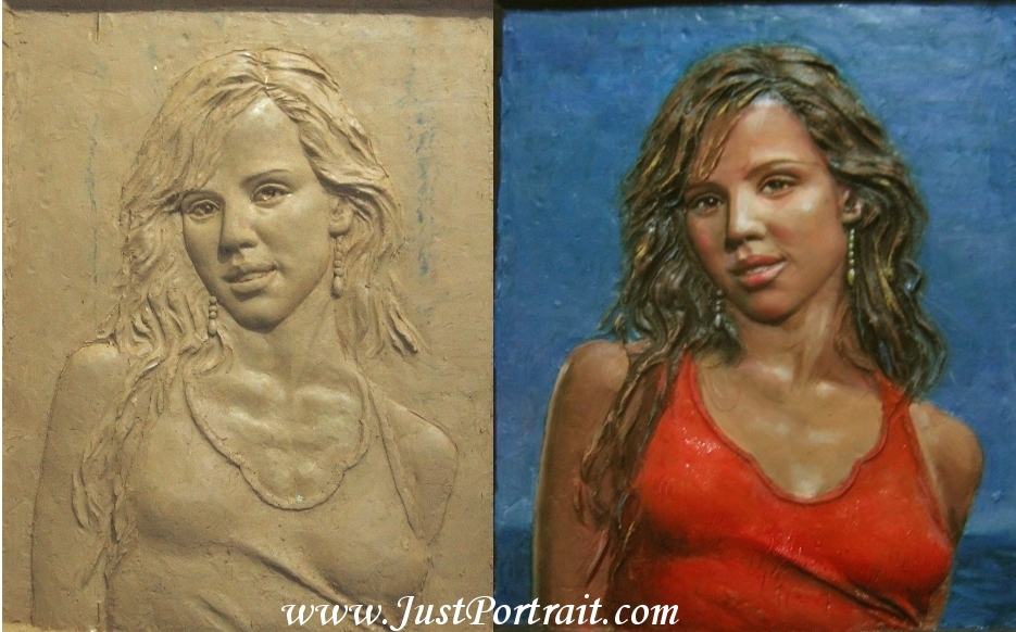 custom bas relief portrait in progress, original clay and color finished